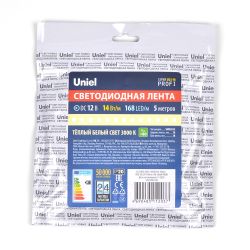 ULS-M14-2835-168LED-m-10mm-IP20-DC12V-14W-m-5M-3000K PROFI Гибкая светодиодная лента на самоклеящейся основе. Катушка 5м. в герметичной упаковке. Теплый белый свет3000К. ТМ Uniel.