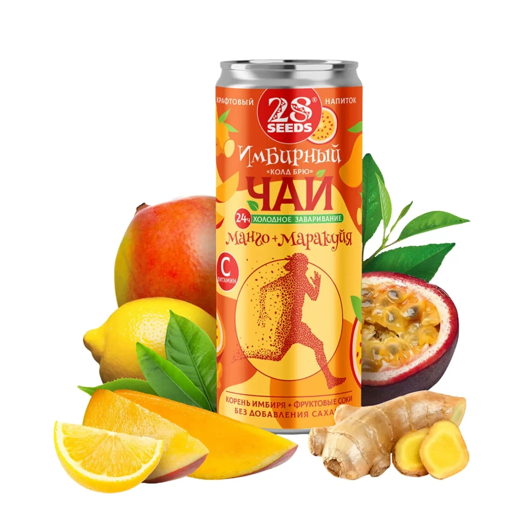 Имбирный чай «Колд брю» Манго и Маракуйя 28SEEDS в банке на фоне имбиря, манго, маракуйи