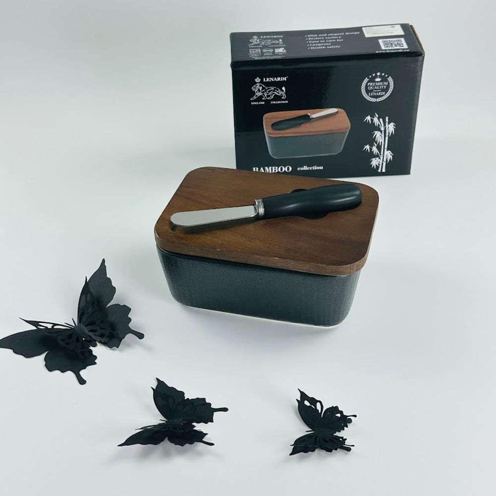 Lenardi 235-026 Масленка 14см с крышкой и ножом BLACKWOOD в под.уп.(х24) Фарфор