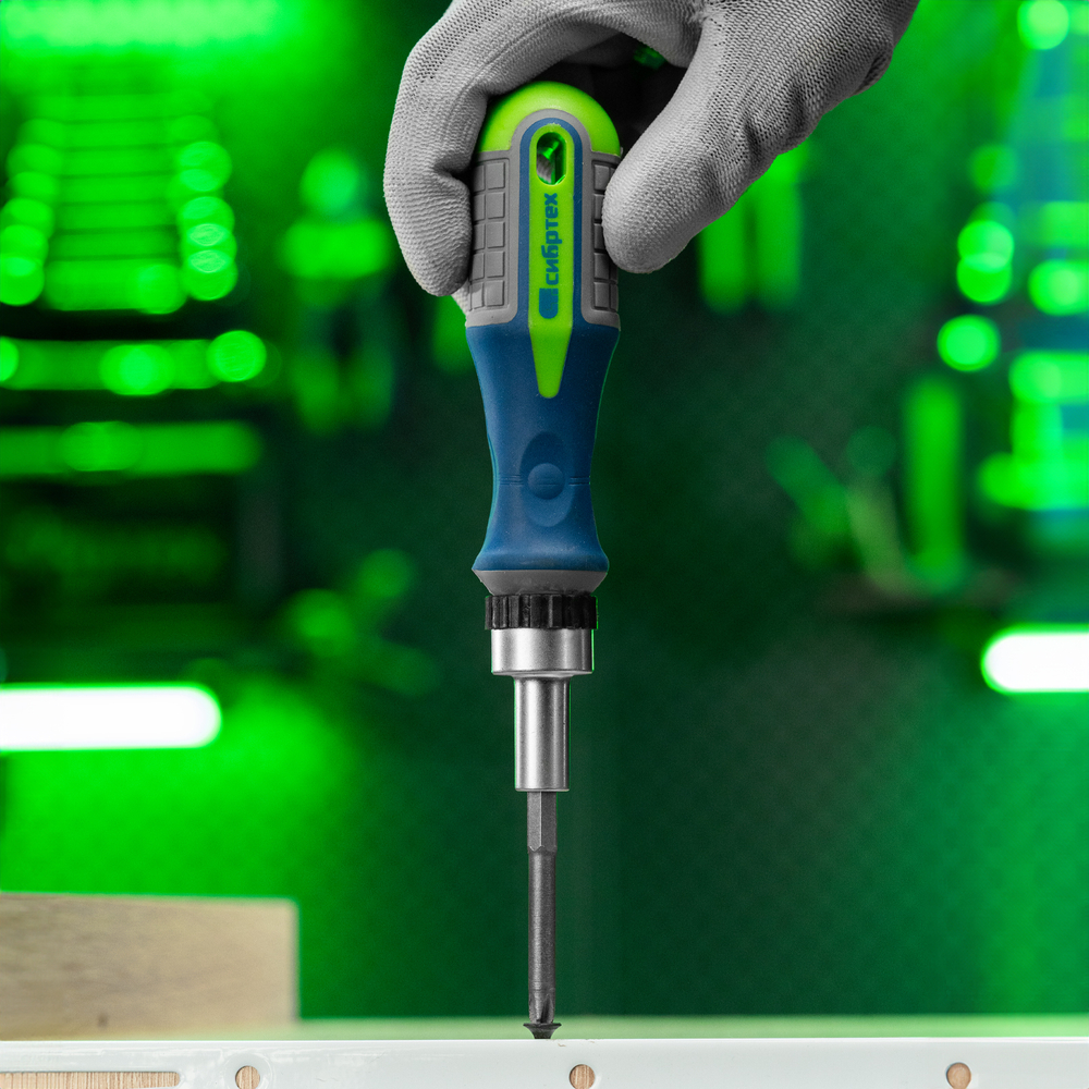 Отвертка реверсивная с набором бит и торцевых головок, 25 шт, CrV, чехол Сибртех