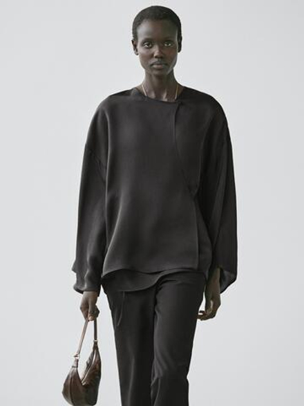 Massimo Dutti Рубашка из струящейся ткани внахлест, черный