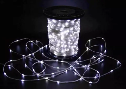 Светодиодная нить Краса 200 м., 2000 холодных белых LED ламп, 24В, статика, прозрачный провод ПВХ, Teamprof (TPF-CR200-24V-T/W)