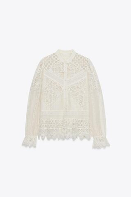 ZARA БЛУЗА С ВЫШИВКОЙ И КРУЖЕВОМ — ZW COLLECTION, ЖЕЛТОВАТО-БЕЛЫЙ