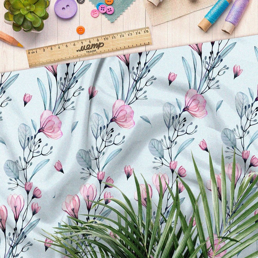 Ткань атлас веточки магнолии с цветами