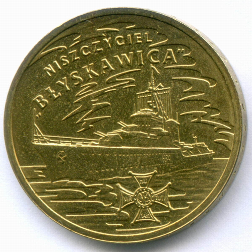 2 злотых 2012 год. Польша. Флот - Эсминец "Молния". Латунь, диаметр 27 мм. XF-AU
