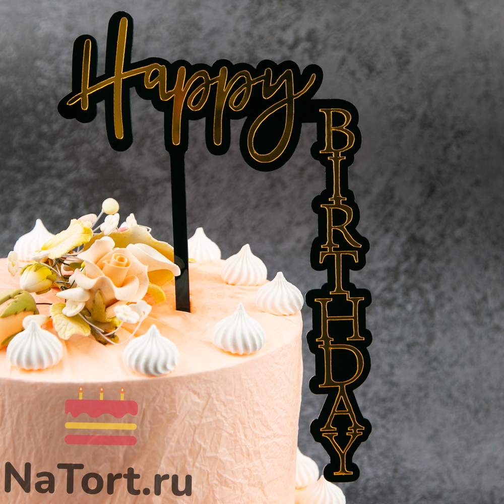 Топпер уголок «Happy Birthday» черный фон с золотой надписью