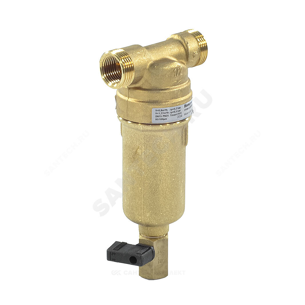 Фильтр сетчатый T-образный латунь Ду 20 Ру25 Тмакс=80 oC G3/4" НР FF06 с краном Honeywell-Braukmann FF06-3/4"AAM