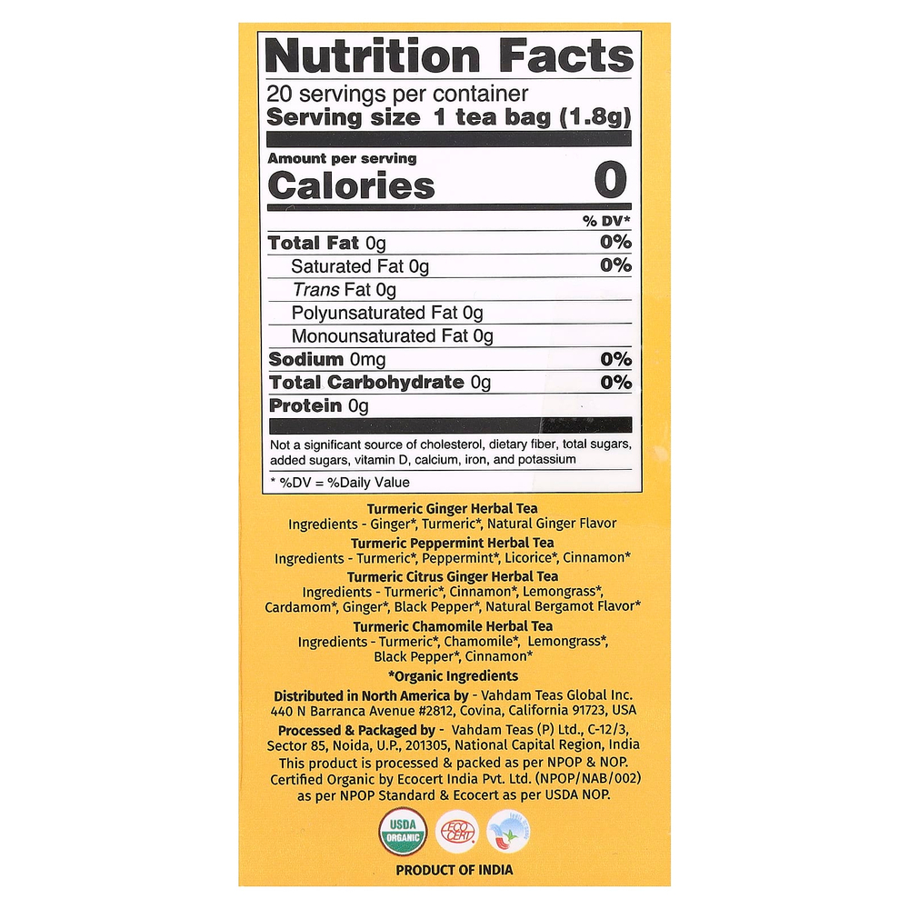 VAHDAM India, Infusions, травяной чай, набор из куркумы, без кофеина, 20 пакетиков для заваривания, 36 г (1,27 унции)