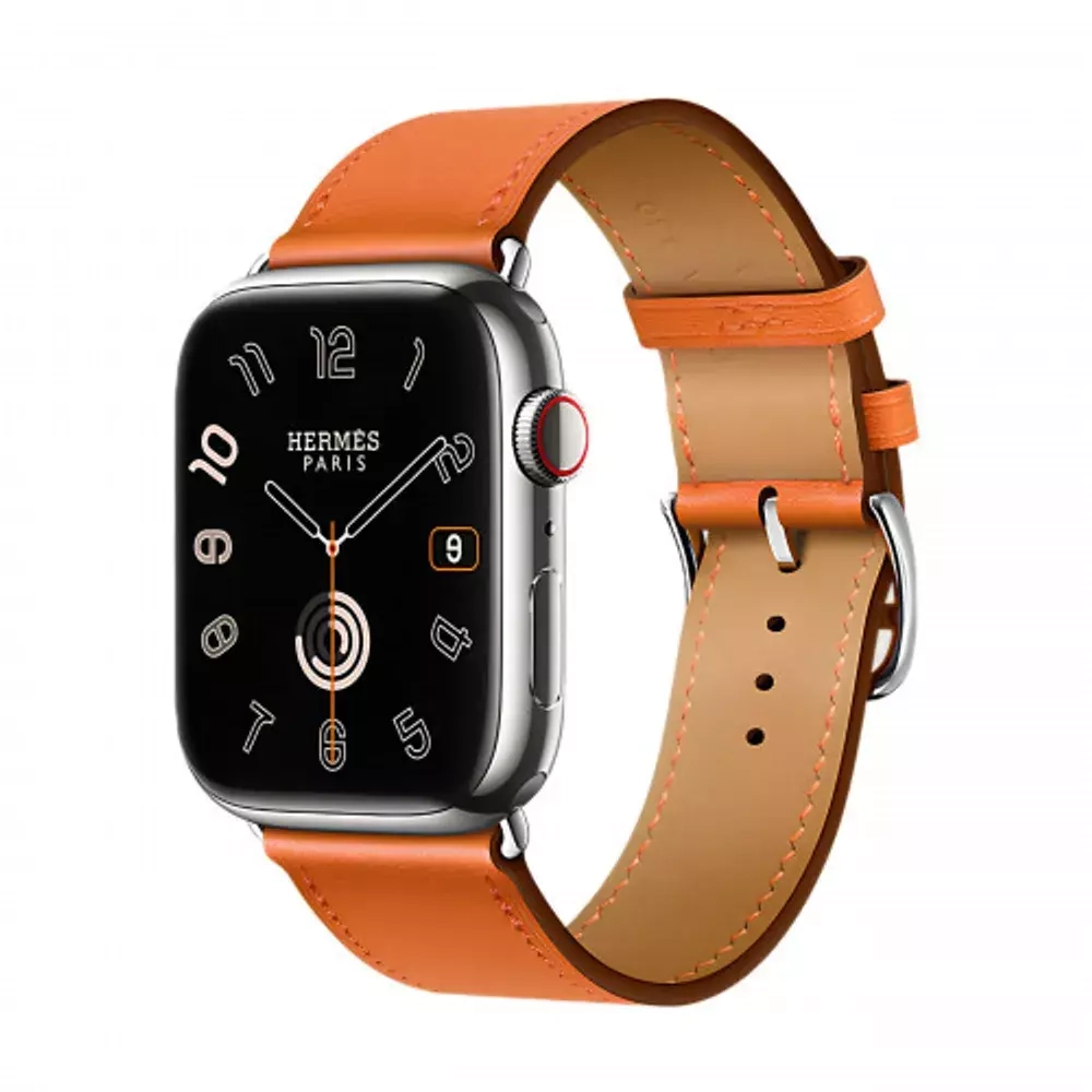 Apple Watch Series 9 Hermes 45mm, классический кожаный ремешок оранжевого цвета