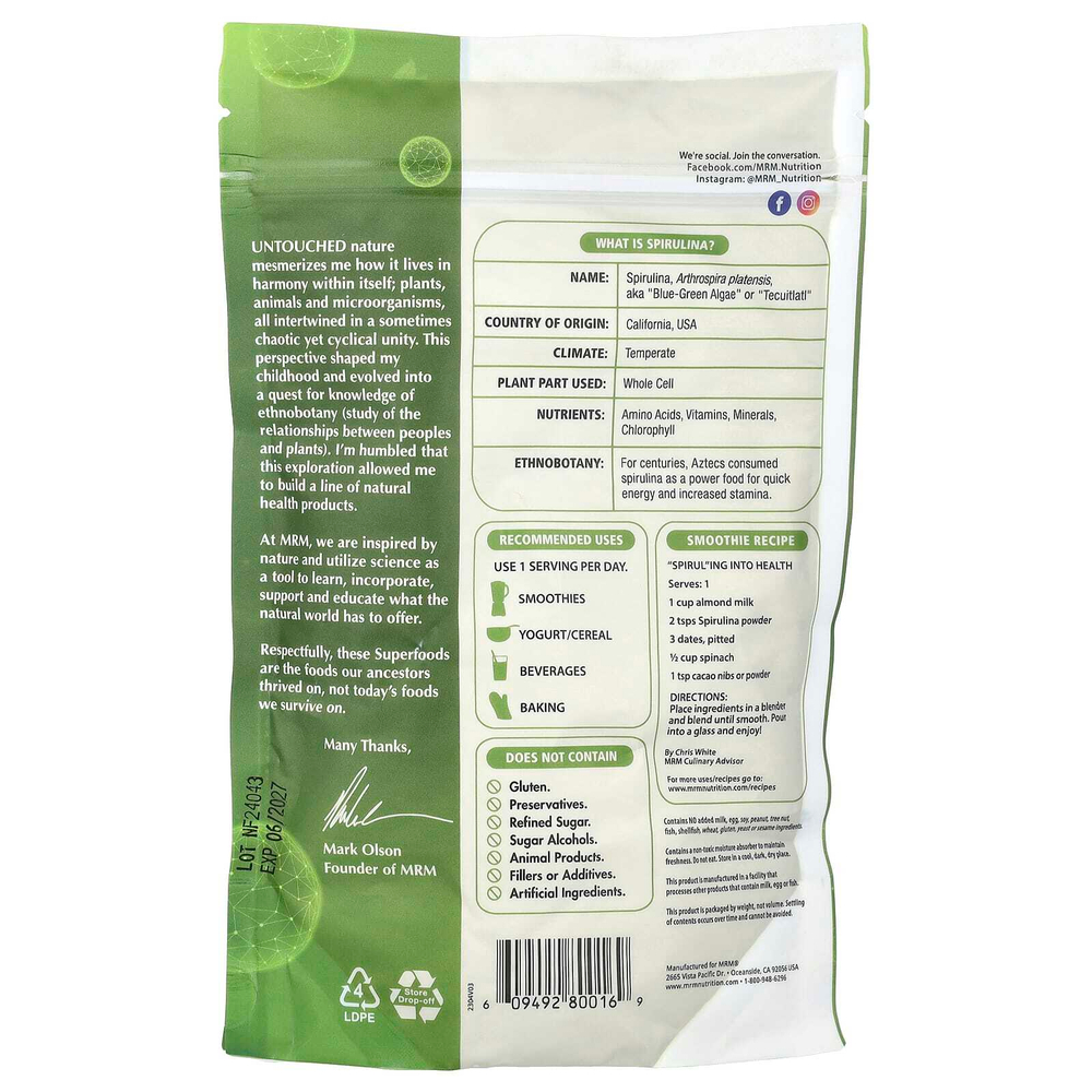 MRM Nutrition, Порошок необработанной спирулины, 240 г (8,5 унции)
