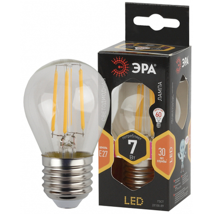 Лампочка светодиодная ЭРА F-LED P45-7W-827-E27 Е27 / Е27 7Вт филамент шар теплый белый свет