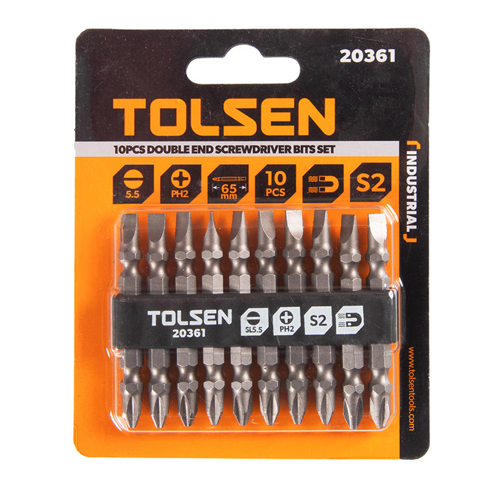 TOLSEN (TT20361) Набор вставок (бит) торцевых 1/4", PH2 х 5,5х0,8 мм, 65 мм, двухсторонних, 10 предметов
