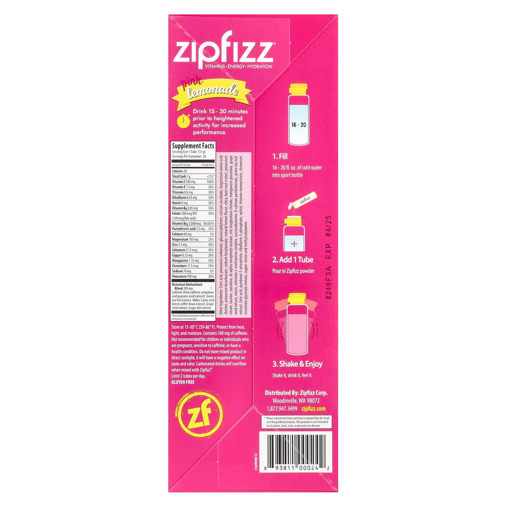 Zipfizz, Энергетическая смесь для здорового спорта с витамином B12, розовый лимонад, 20 тюбиков по 11 г (0,39 унции)