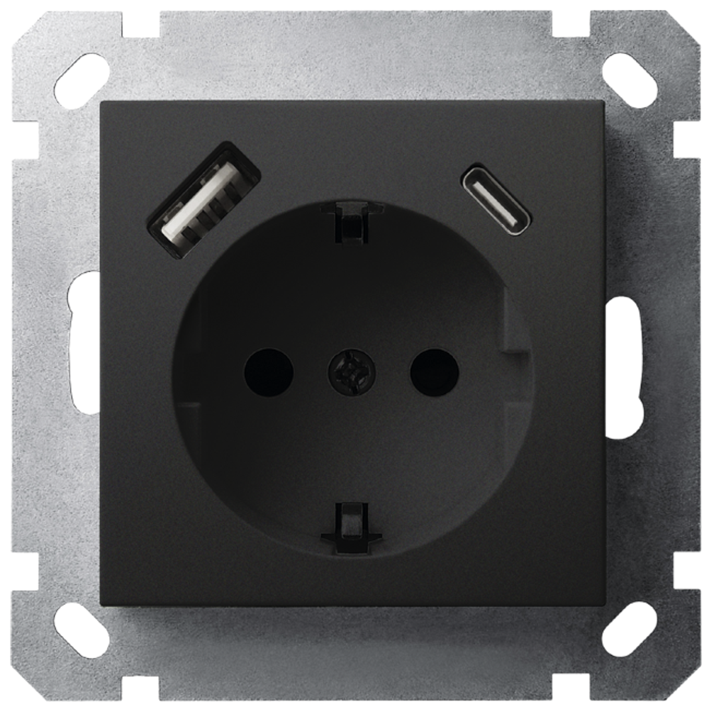 Розетка SCHUKO© с USB A+C с защитными шторками 16A 250V~ 2P+T USB 25W, цвет черный матовый (soft touch)