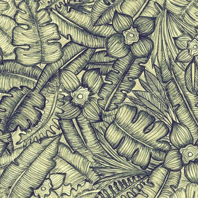 Seamless pattern of tropical leaves, drawn in pencil.