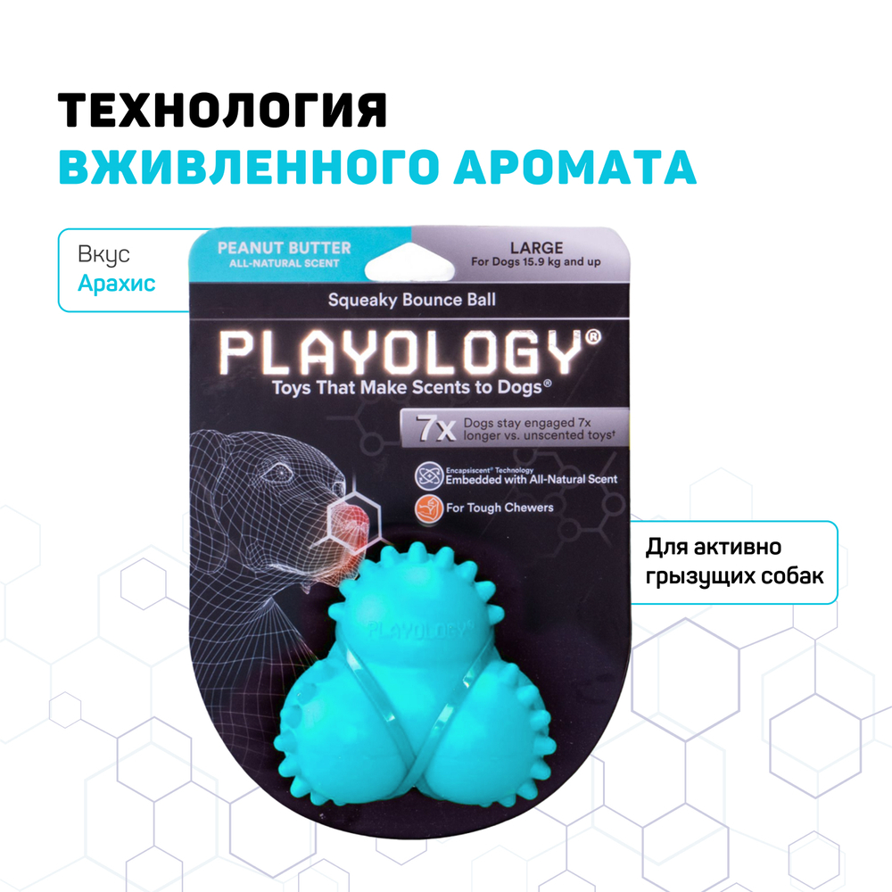 Playology дентальный жевательный тройной мяч  SQUEAKY BOUNCE BALL для щенков 4-8 месяцев с ароматом арахиса, цвет голубой