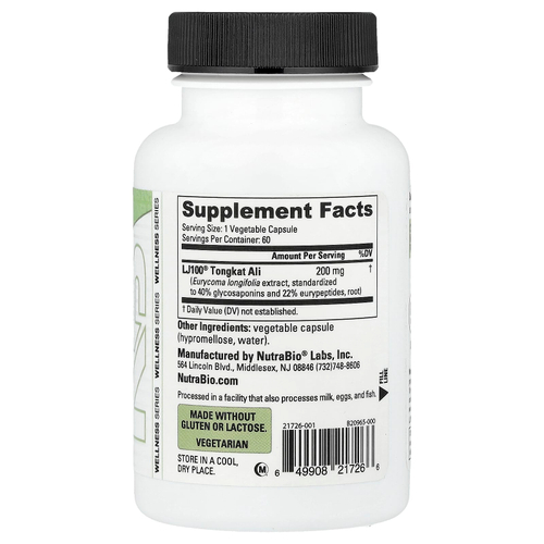 NutraBio, эврикома длиннолистная, 60 капсул (200 мг в 1 капсуле)