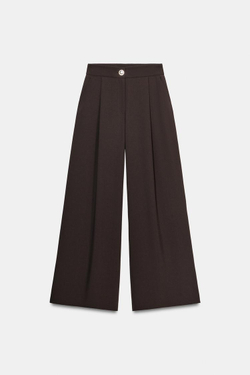 ZARA БРЮКИ ПАЛАЦЦО С ЗОЛОТОЙ ПУГОВИЦЕЙ, КОРИЧНЕВЫЙ