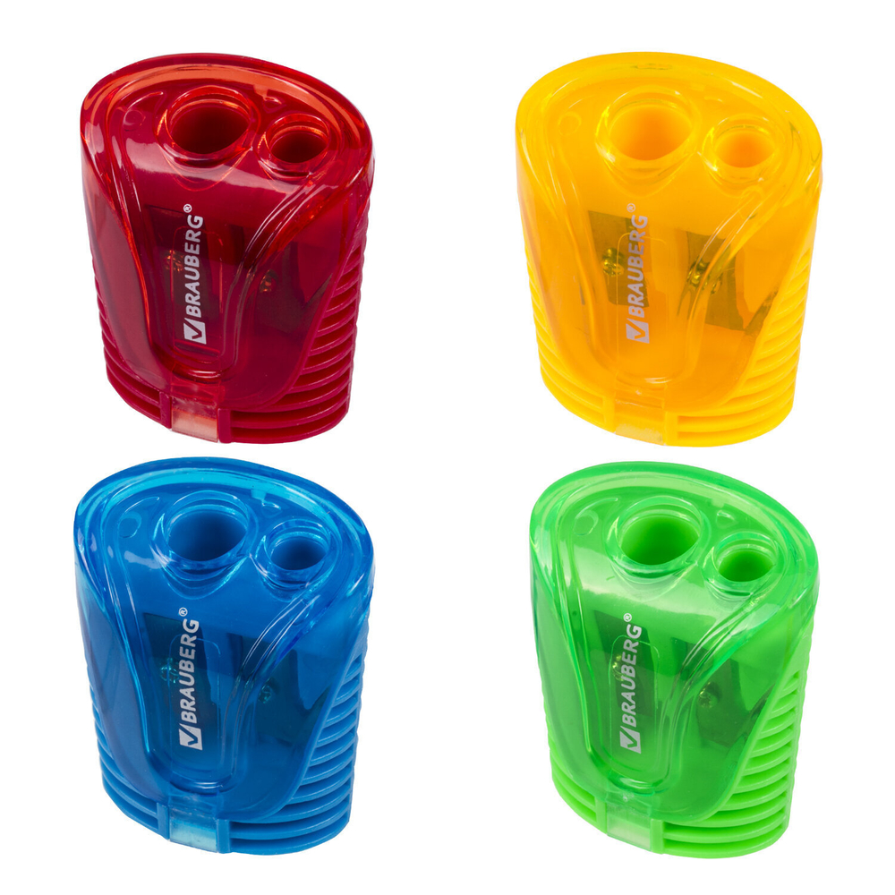 Точилка BRAUBERG "Cell Dual" 2 отверстия для чернографитных карандашей (в том числе утолщенных) с контейнером корпус ассорти (24 штуки в упаковке)