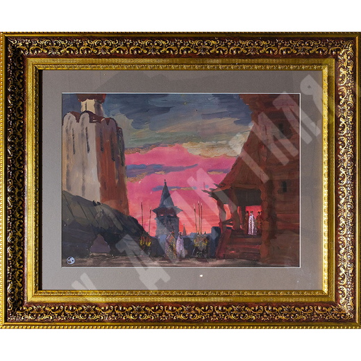 Кетов А. Д. Встреча на закате. Бумага, гуашь, золотая краска. 1950-е. СССР. 29х48 см. Эскиз театраль