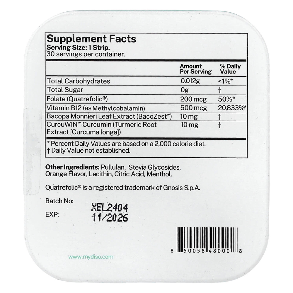 Diso, B12, апельсин и мята, 30 полосок для полости рта