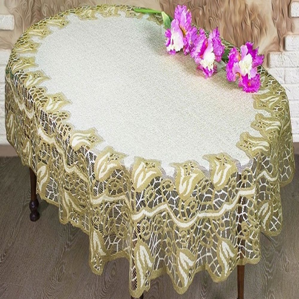 Скатерть жаккардовая овальная, цвет ванильно-оливковый, Польша. Скатерть жаккардовая овальная, цвет ванильно-оливковый, Польша.