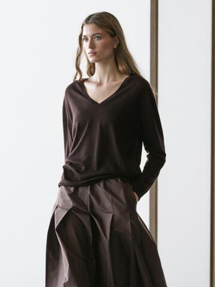 Massimo Dutti Свитер оверсайз с V-образным вырезом, коричневый