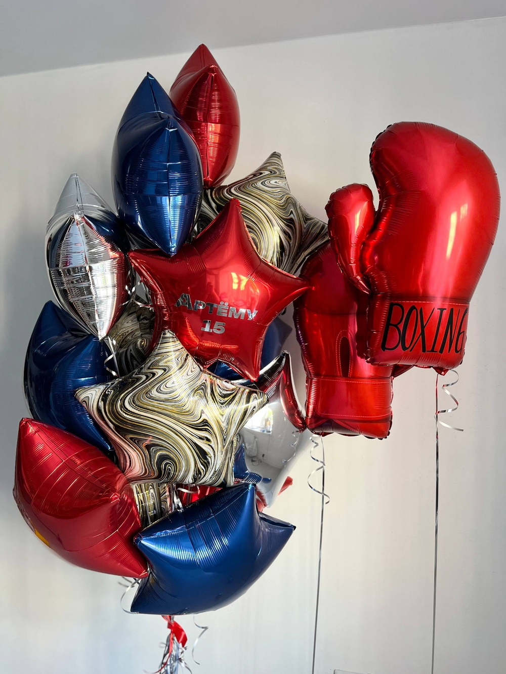 Воздушные шары боксерские перчатки синий/красный/серебро №3639