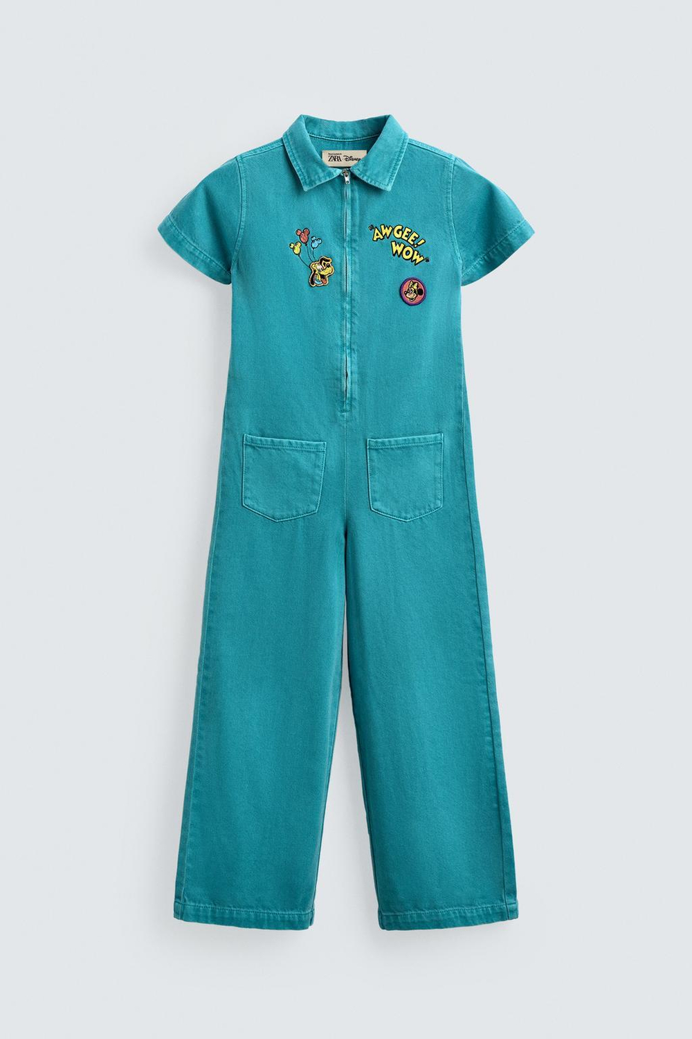 ZARA Х DISNEY ДЖИНСОВЫЙ КОМБИНЕЗОН С ВЫШИВКОЙ И НАШИВКАМИ, БИРЮЗОВЫЙ