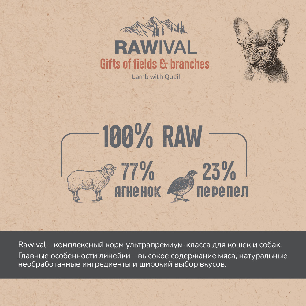 Сухой корм RAWIVAL для щенков карликовых и мелких пород с ягненком и перепелом - 0,75 кг