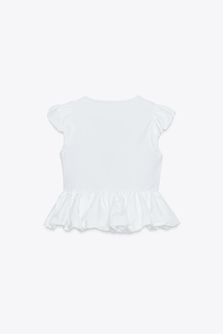 ZARA КОМБИНИРОВАННАЯ ФУТБОЛКА С БАНТОМ, БЕЛЫЙ