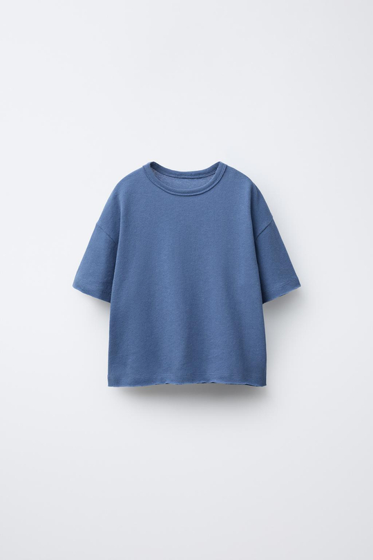 ZARA ФУТБОЛКА ИЗ ХЛОПКА И ЛЬНА С ЭФФЕКТОМ ПОТЕРТОСТИ, ЛИНЯЛЫЙ СИНИЙ