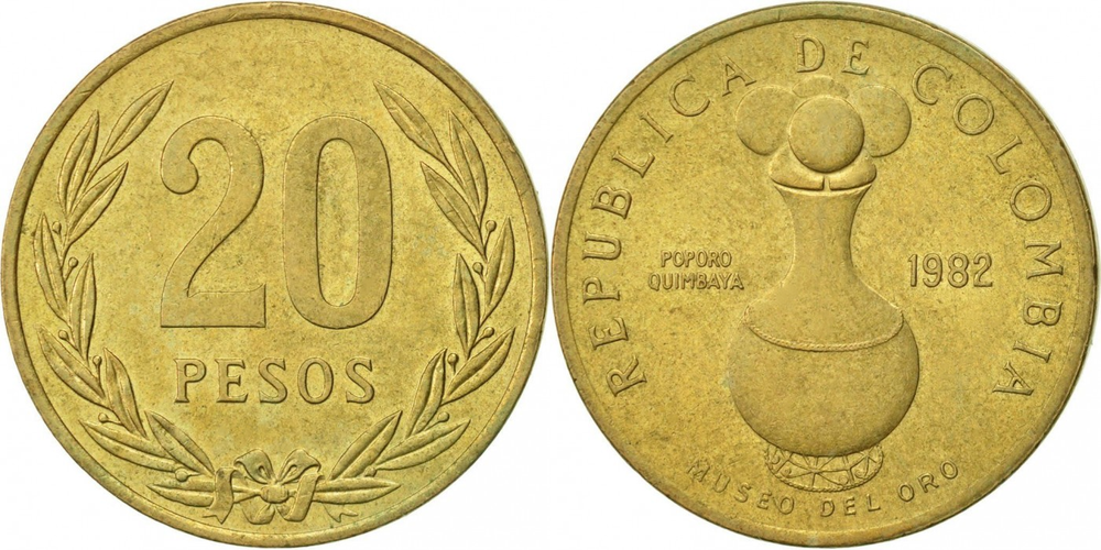 Колумбия 20 песо, 1982 - 1989 Попоро XF