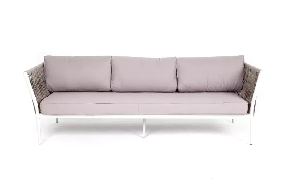 "Касабланка" диван 3-местный плетеный из роупа, каркас алюминий белый муар, роуп бежевый 20мм, ткань бежевая 052