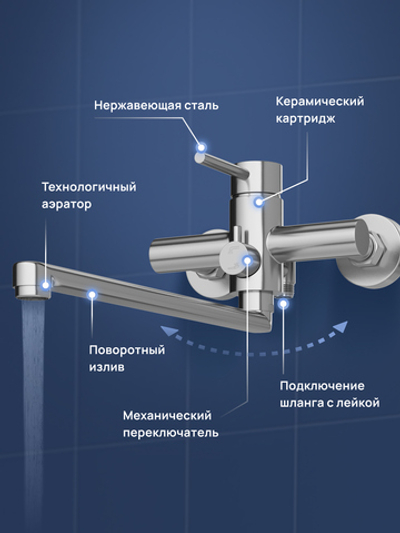 Смеситель с длинным изливом для ванны STWORKI Киркенес S45110S сталь