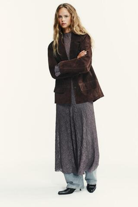 ZARA ПЛАТЬЕ ИЗ МЯГКОГО КРУЖЕВА, ТЕМНО-ЛИЛОВЫЙ