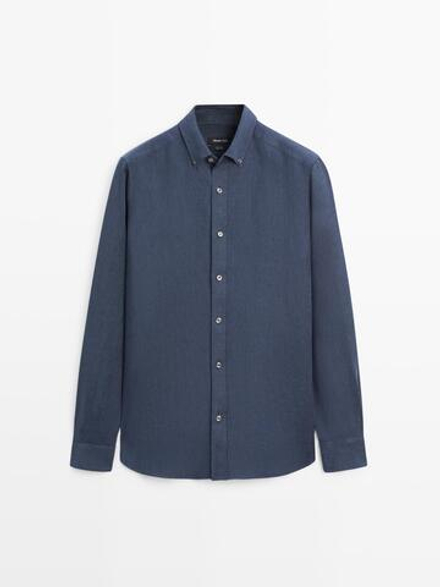 Massimo Dutti Рубашка из 100% льна, стандартного кроя, синий