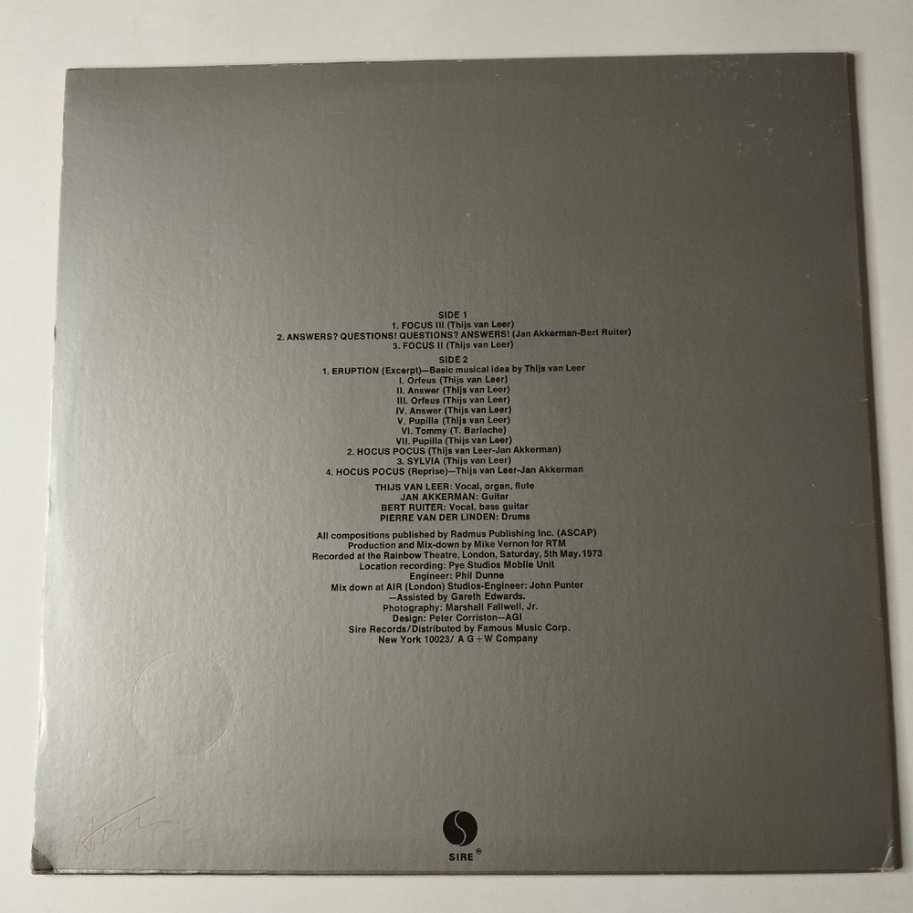 Винтажная виниловая пластинка LP Focus Live At The Rainbow (USA 1973) Hocus Pocus
