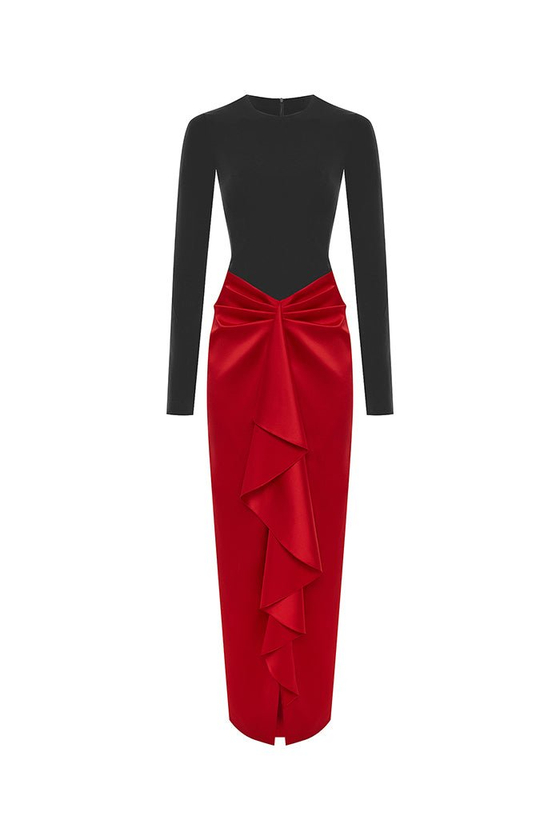 Платье макси драпированное из бифлекса и атласа