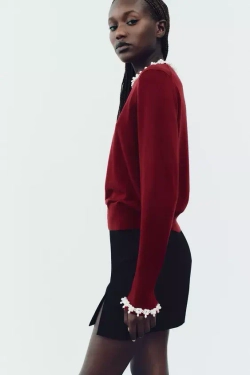 ZARA ОДНОТОННЫЙ СВИТЕР С БУСИНАМИ, ТЕМНО-РОЗОВЫЙ