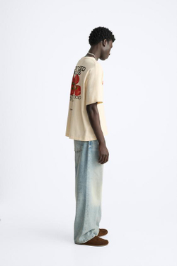 ZARA ФУТБОЛКА С КОНТРАСТНЫМ ПРИНТОМ, БЕЖЕВЫЙ