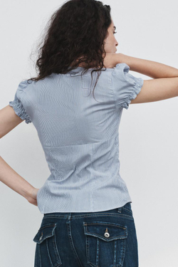 ZARA РУБАШКА ИЗ ПОПЛИНА С ВОЛАНАМИ, СИНИЙ/БЕЛЫЙ