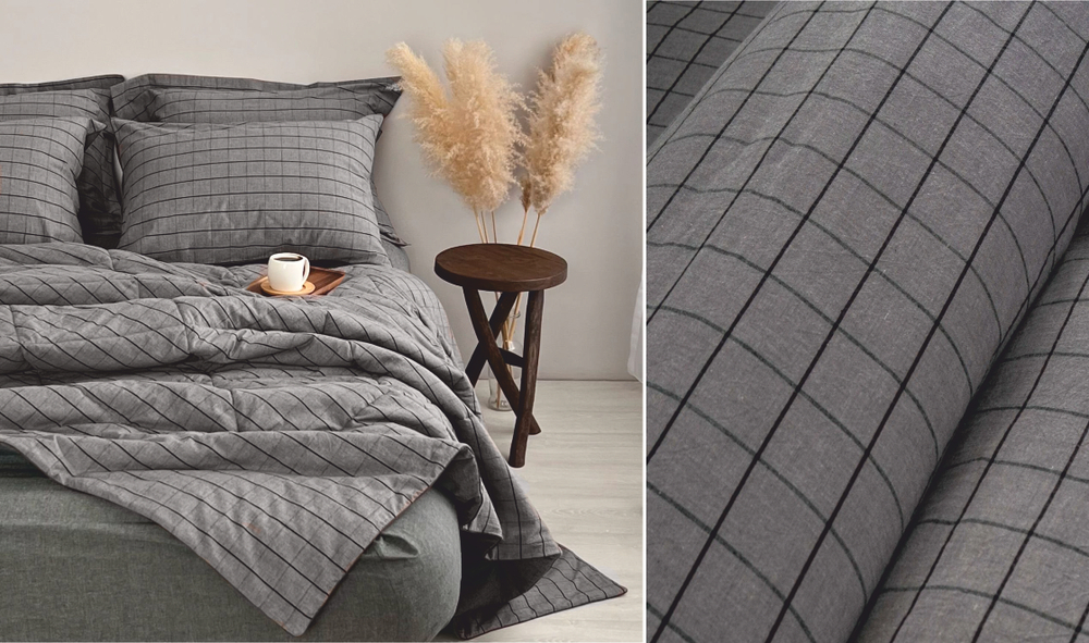 КПБ 1.5 сп ВАРЕНЫЙ ХЛОПОК "Серая крупная клетка + графит меланж"