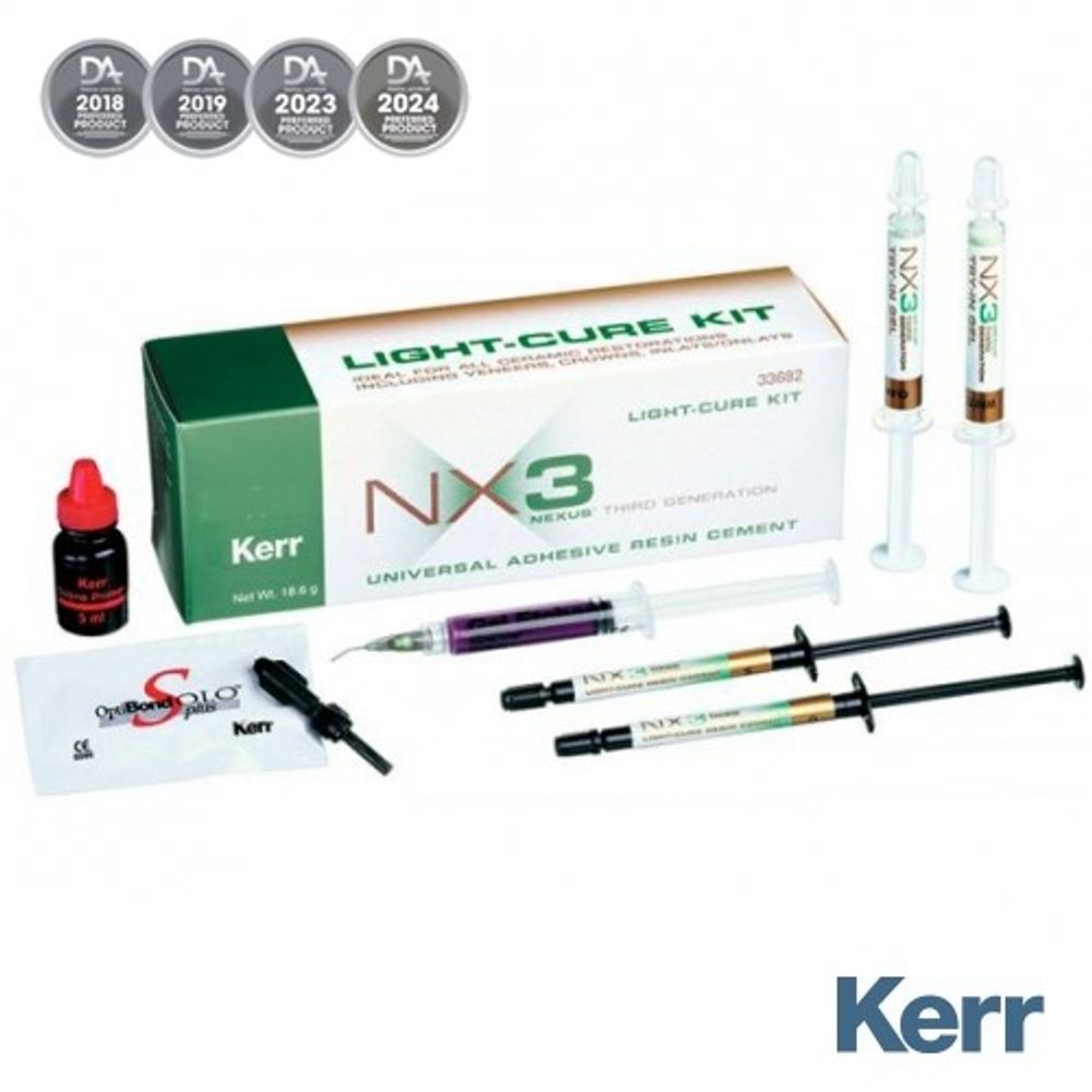 NX3 Light-Cure Kit Набор: 2шпр.х1,8 г; гель проб. 2шпр.х3 г; OptiBond Solo Plus в унидозах 10 шт; протр. 3 г; праймер силановый 5 мл; насадки смесительные; канюли для шприца с протравочным гелем