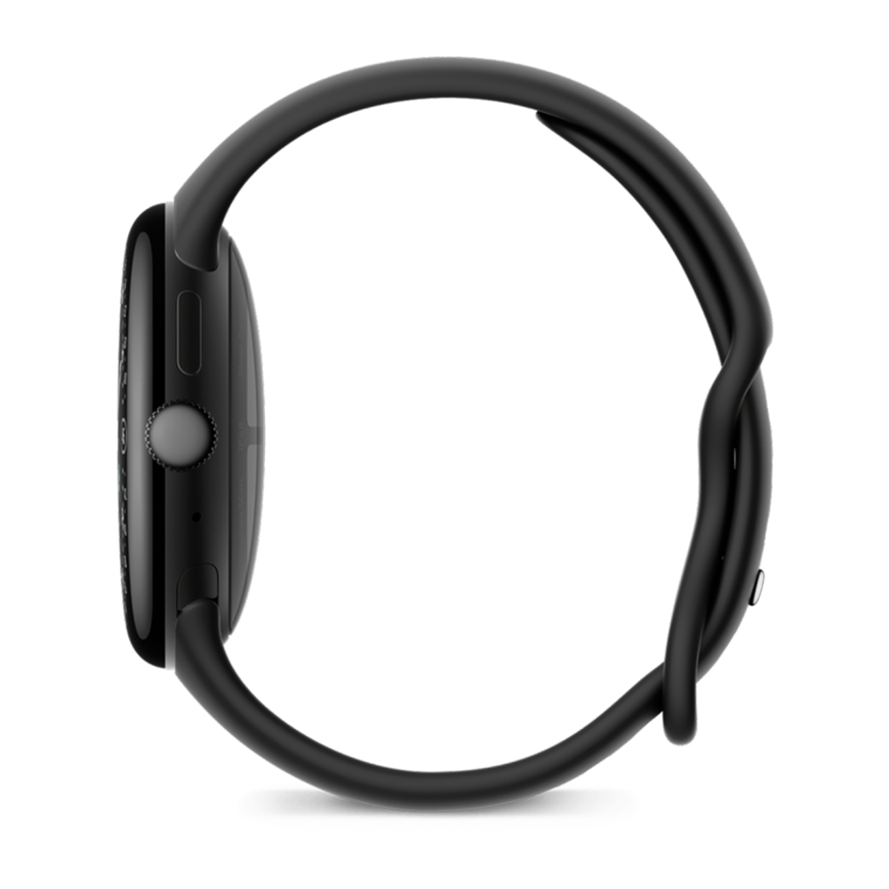 Умные часы Google Pixel Watch 4, 45 мм, Wi-Fi + LTE, ремешок цвета «чёрный обсидиан» Матовый чёрный корпус из переработанного алюминия, ремешок из фторэластомера с покрытием «софт-тач» и застёжкой pin-and-tuck — на запястье обхватом 150–215 мм