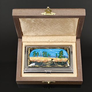 Визитница металлическая персональная "Картина Шишкина" (ручная роспись Палех)