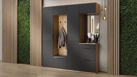 Прихожая с зеркалом комплект мебели Дуб Крафт золотой/Графит матовый 200х43х226 см