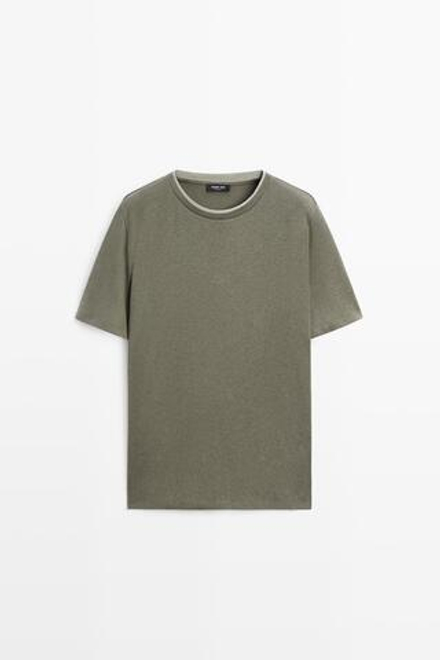 Massimo Dutti Футболка из хлопка и льна с двойным воротом, хаки