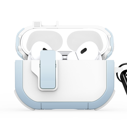 Чехол белый с синими вставками (WhiteBlue) от Dux Ducis для наушников AirPods Pro 2, серия PECP Series Case, в комплекте с карабином