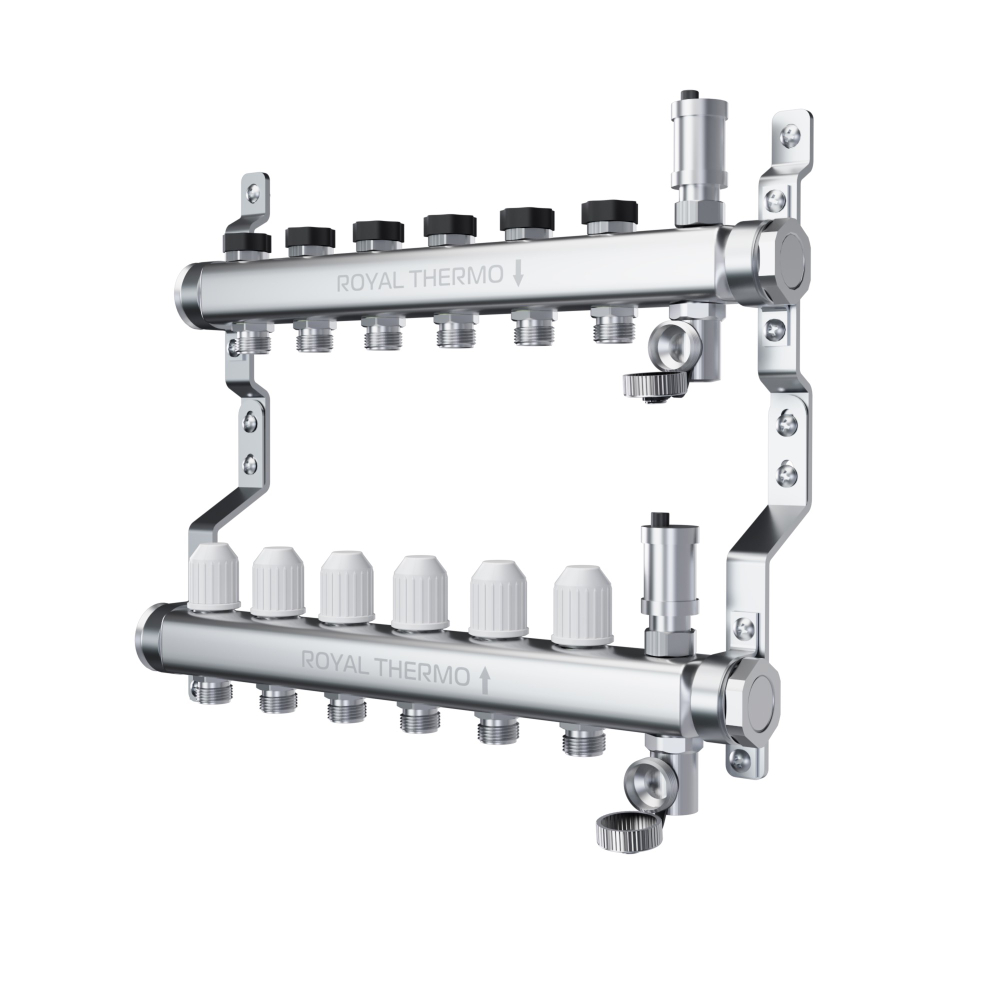 Коллектор Royal Thermo нерж. в сборе универсальный 1" ВР-3/4" НР с автомат. воздухоотвод-ми 12 вых.